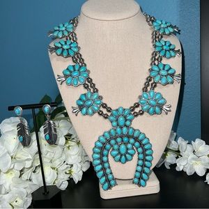 Boutique Western Turquoise Squash Blossom Necklace & Earrings